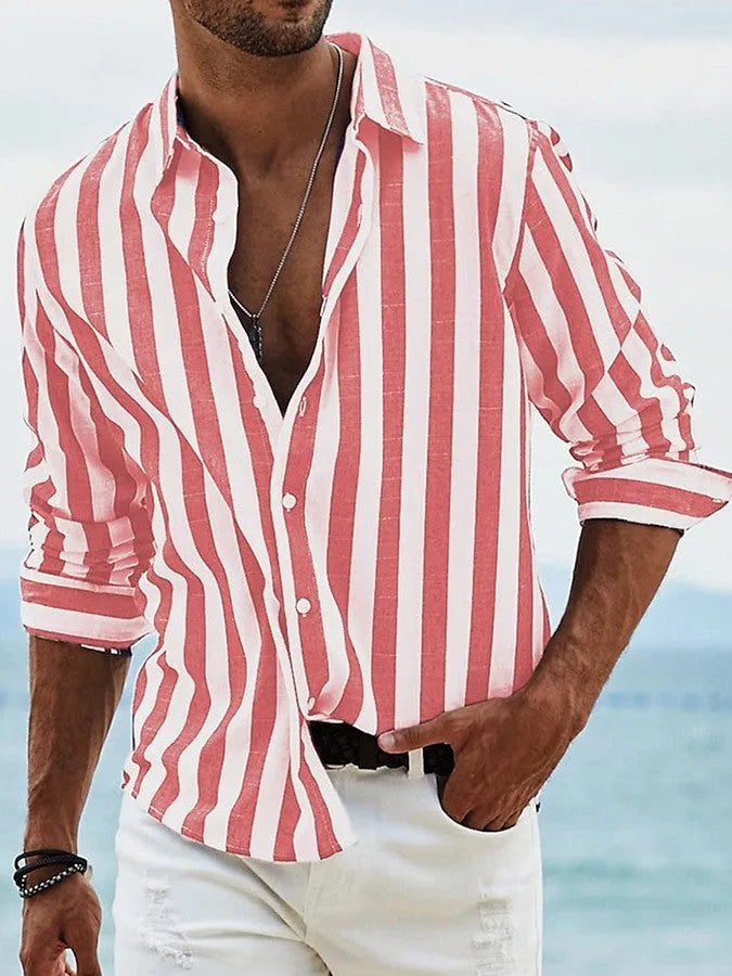 Men's loose-fit striped long-sleeved casual shirt in a light grey colour, showing cardigan style.
