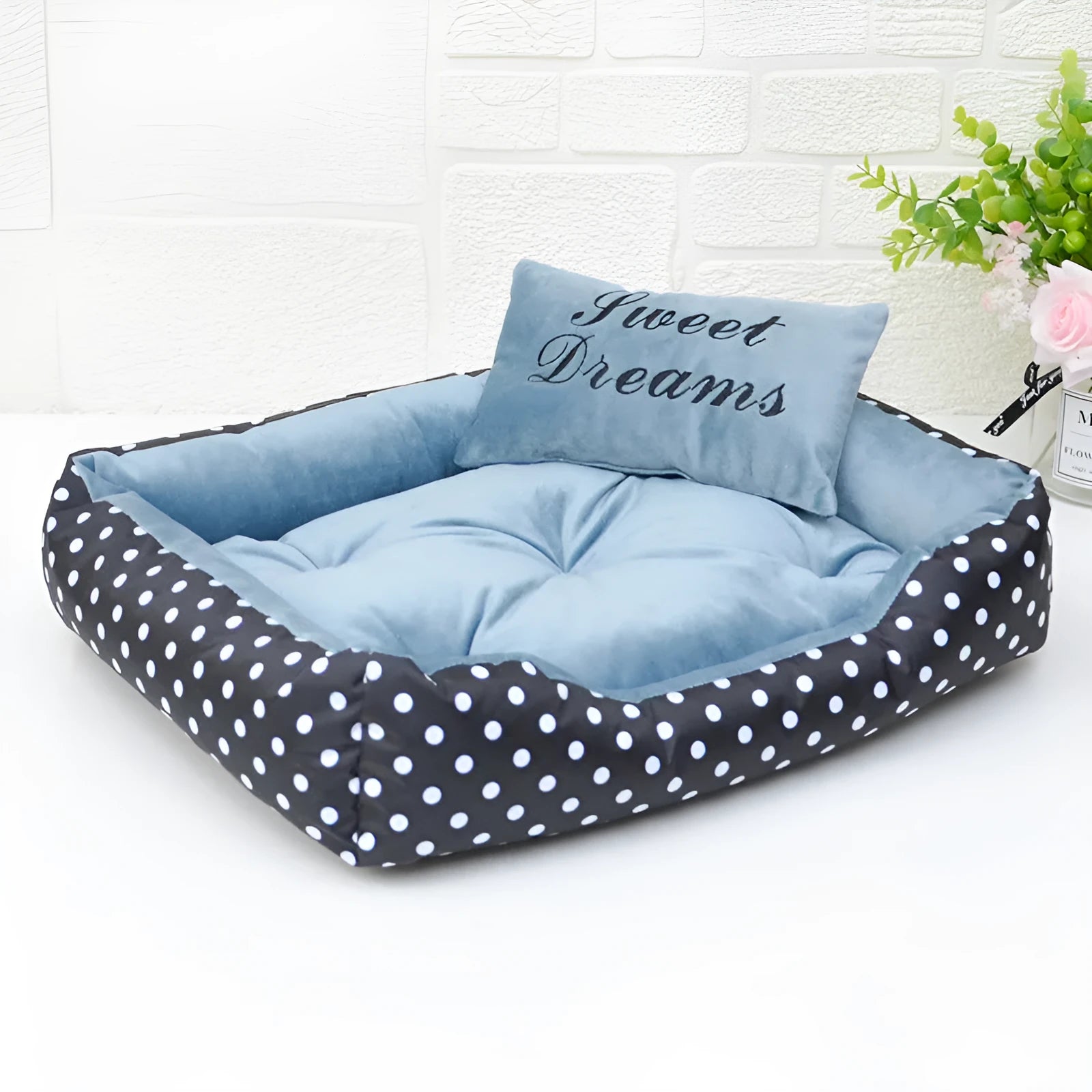 Polka dot printed small dog bed with removable square pillow in grey with matching embroidery