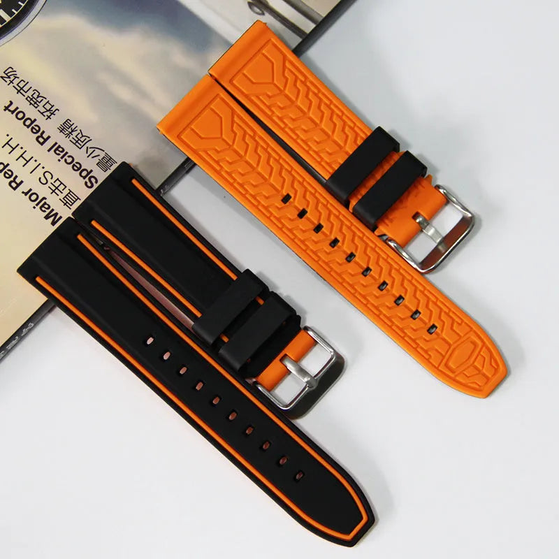 Sweat resistant dual colour silicone watch strap in black blue with needle buckle, matte finish, 20mm width