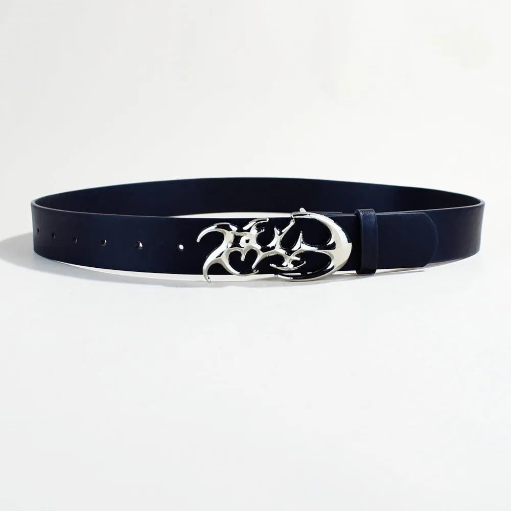 Men's silver buckle snap button belt made from black PU leather.