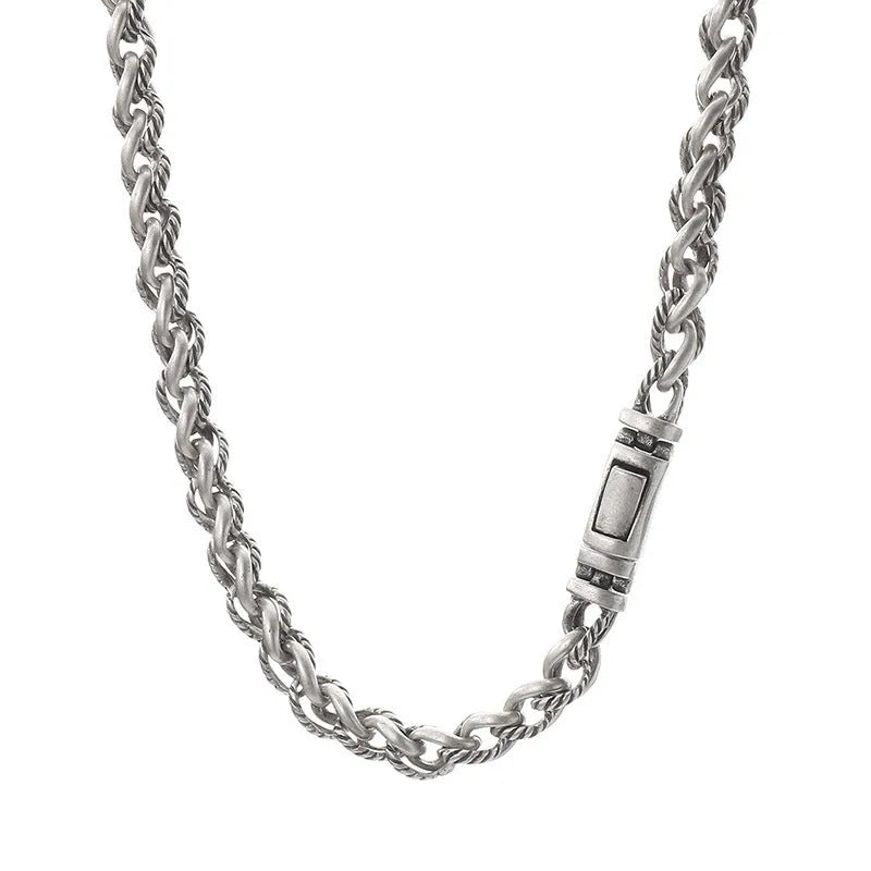 Men's titanium steel chain necklace with large hemp flower links in antique silver finish