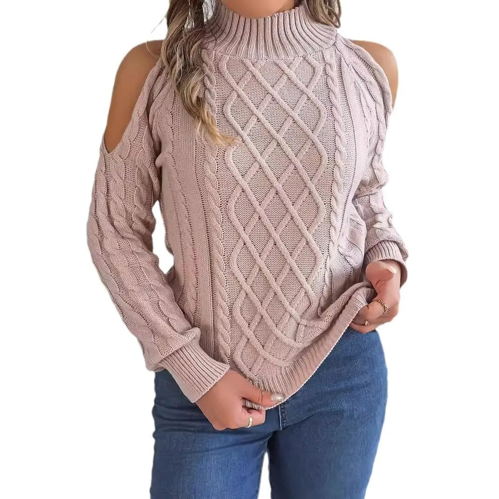 Gray women's strapless pullover sweater with a twist pattern detail and long lantern sleeves.