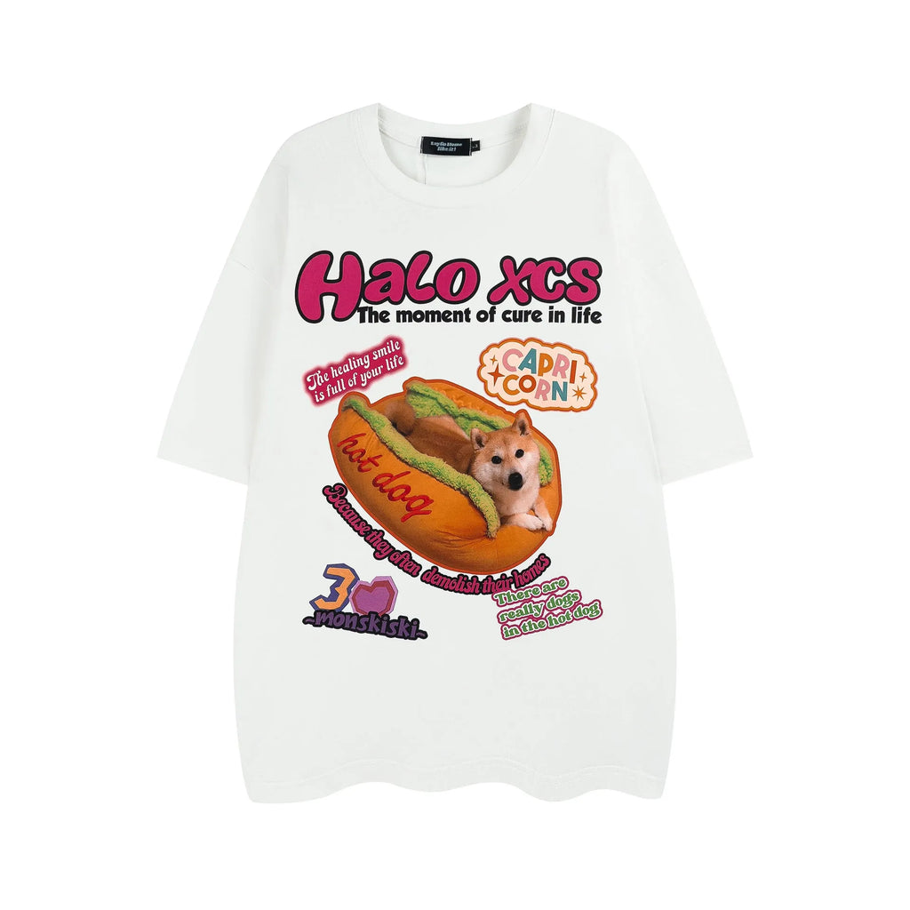 Cartoon hamburger dog printed loose fit cotton T-shirt in white colour