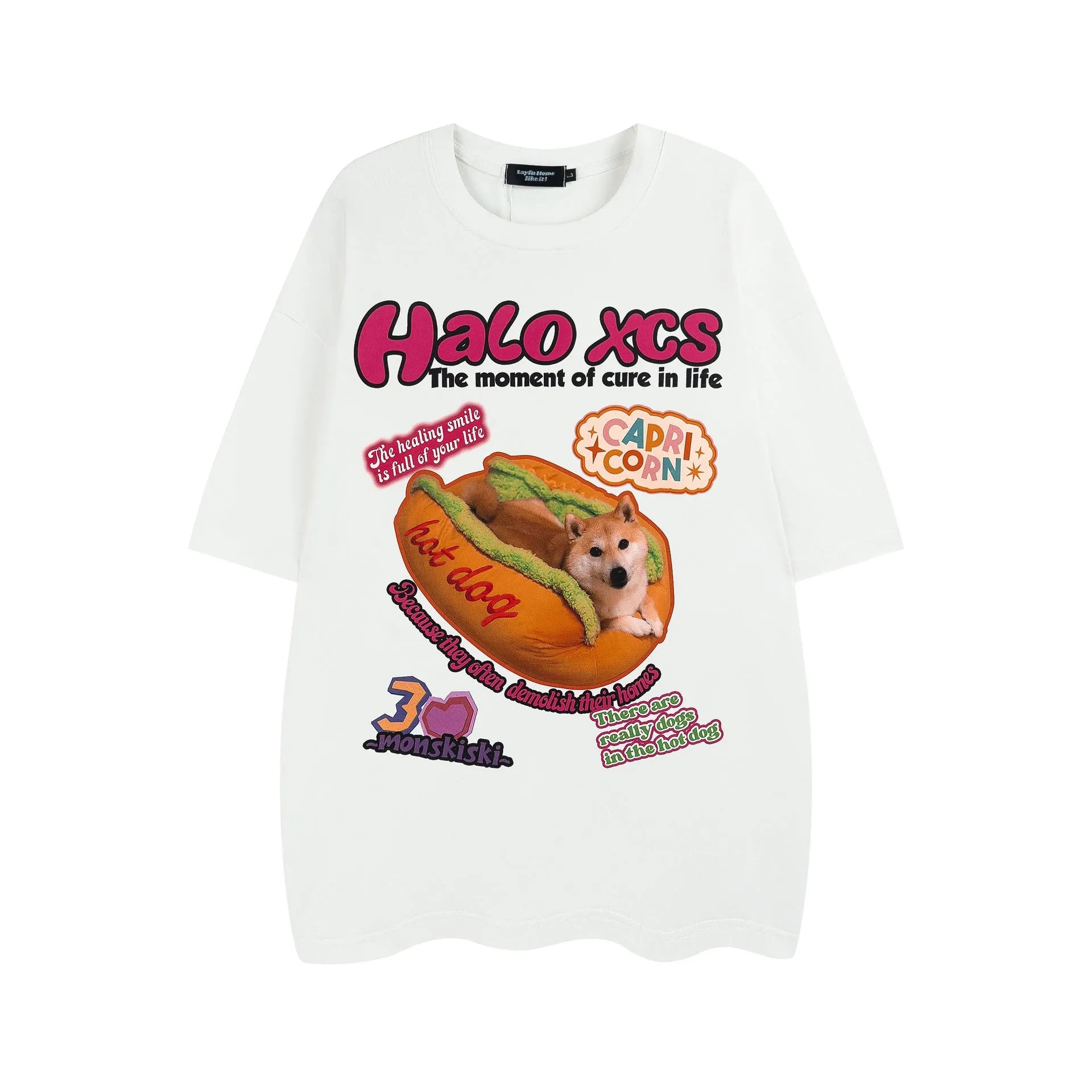 Cartoon hamburger dog printed loose fit cotton T-shirt in white colour