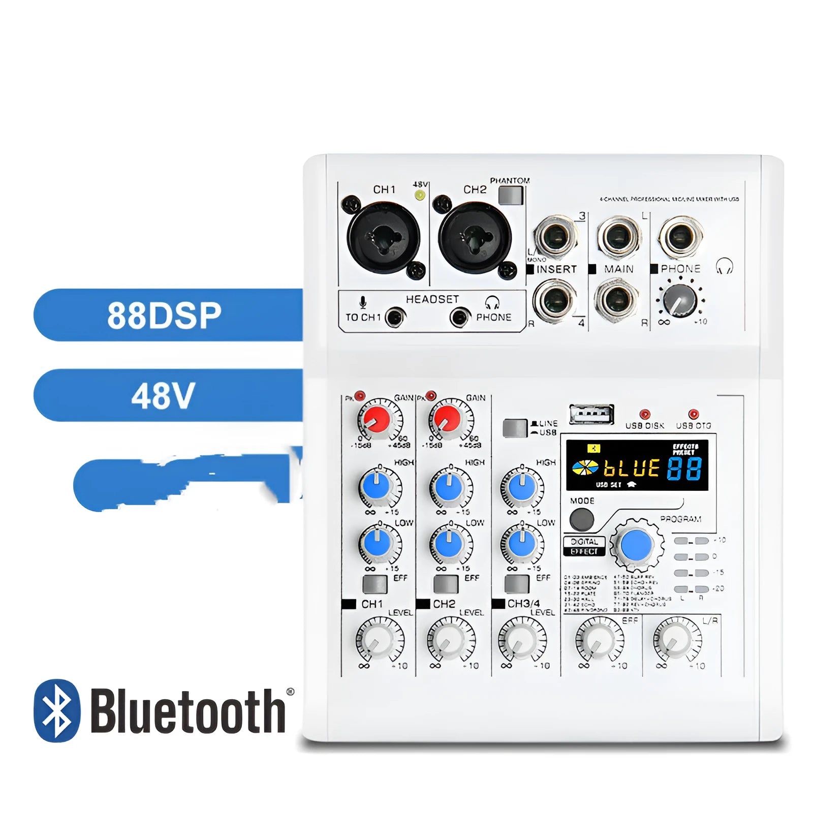 White Mancheze4 Mini 4-channel sound card mixer with Bluetooth and USB interface