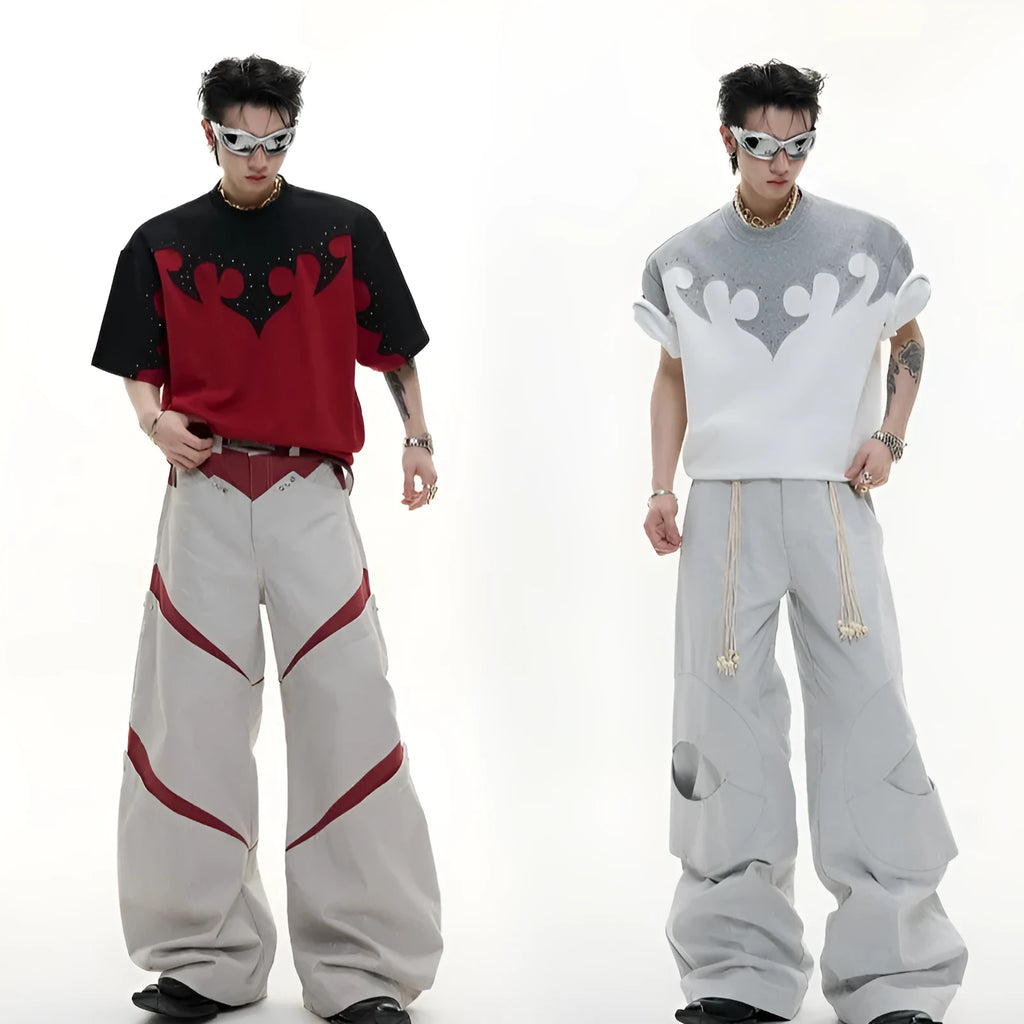 Men's burnt flower rhinestone stitch cotton shirt with drop-shoulder sleeves in red, white, and grey colours