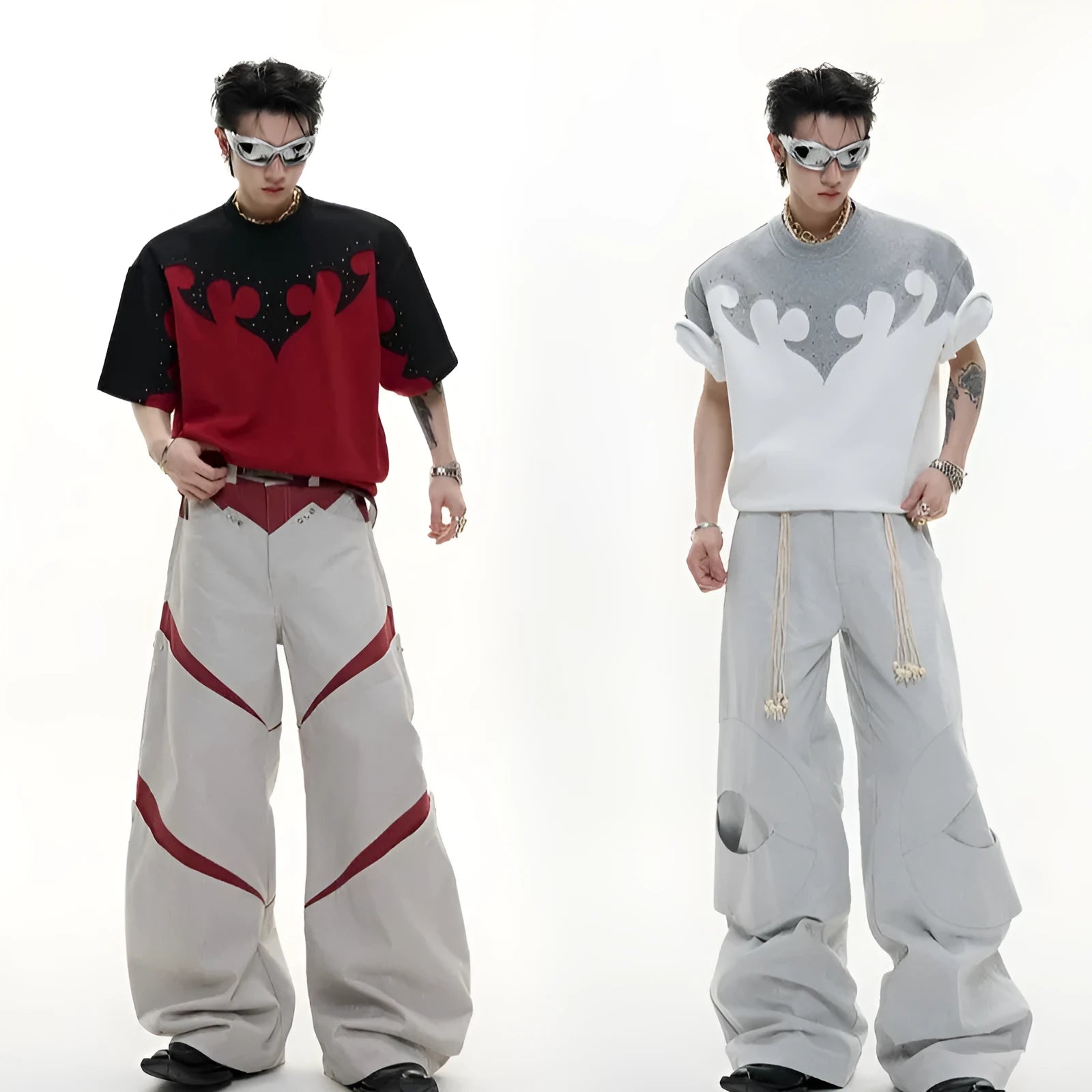 Men's burnt flower rhinestone stitch cotton shirt with drop-shoulder sleeves in red, white, and grey colours
