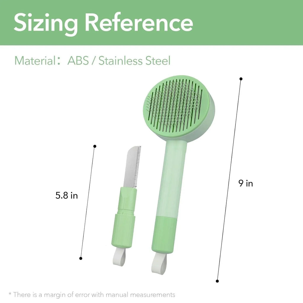 Green pet grooming brush with stainless steel teeth and hair removal function for cats and dogs