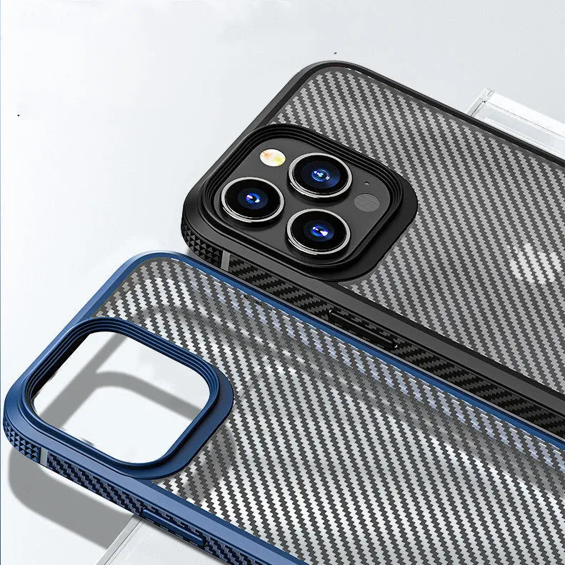 Black anti-fall iPhone 13 protective case with carbon fibre pattern and TPU+PC construction