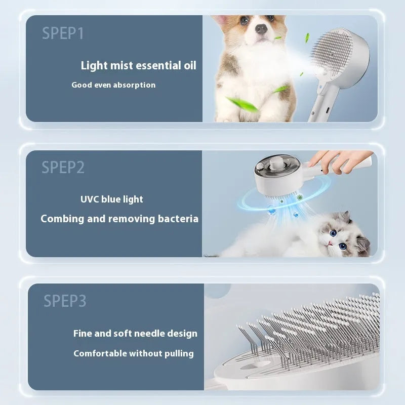 Ceramic white pet grooming brush with UVC light, mist sprayer, and fine needles for dog and cat hair removal