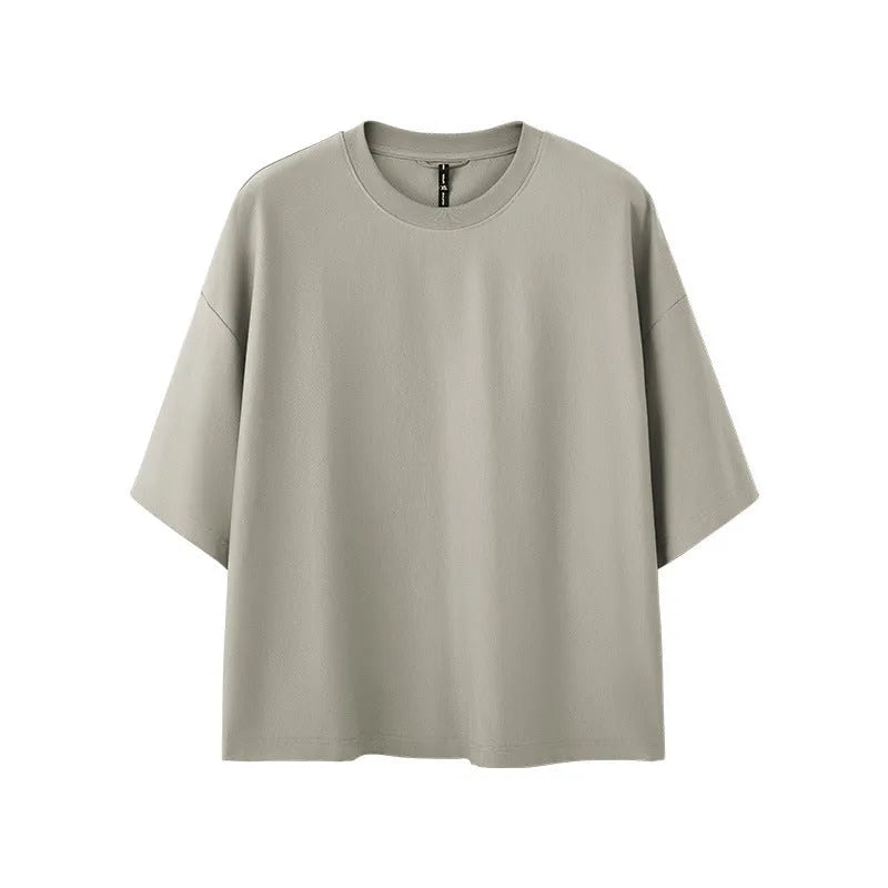 Men's sand grey loose-fit short sleeve T-shirt with quick-drying fabric on a hanger.