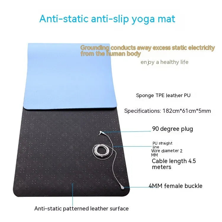 Blue conductive yoga mat with plants pattern and grounding wire, size 182x61cm.