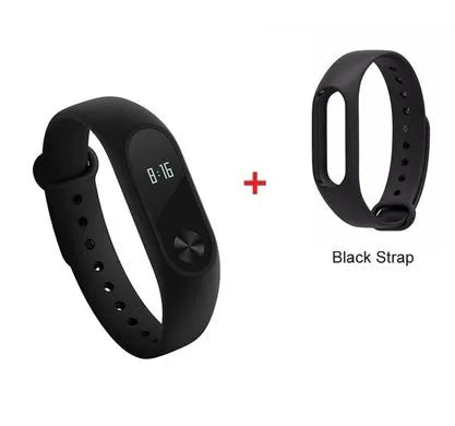 Black Xiaomi Mi Band 2 fitness tracker on wrist showing OLED display with heart rate reading