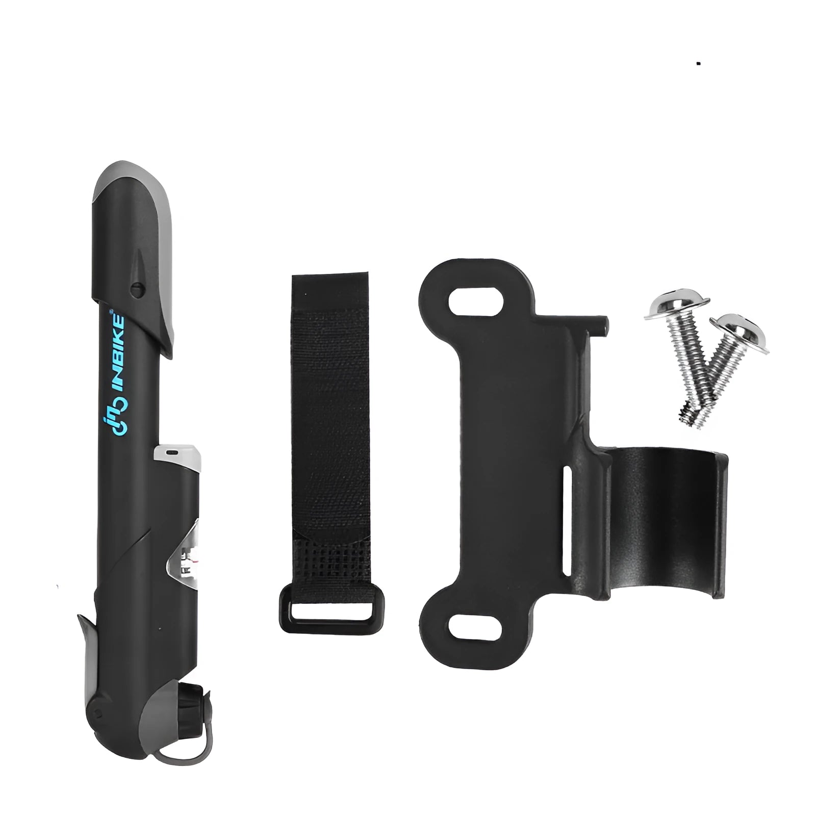 Black bicycle mini pump with round handle, 18cm length, 106g weight, on a wooden surface with bracket and mounting tape