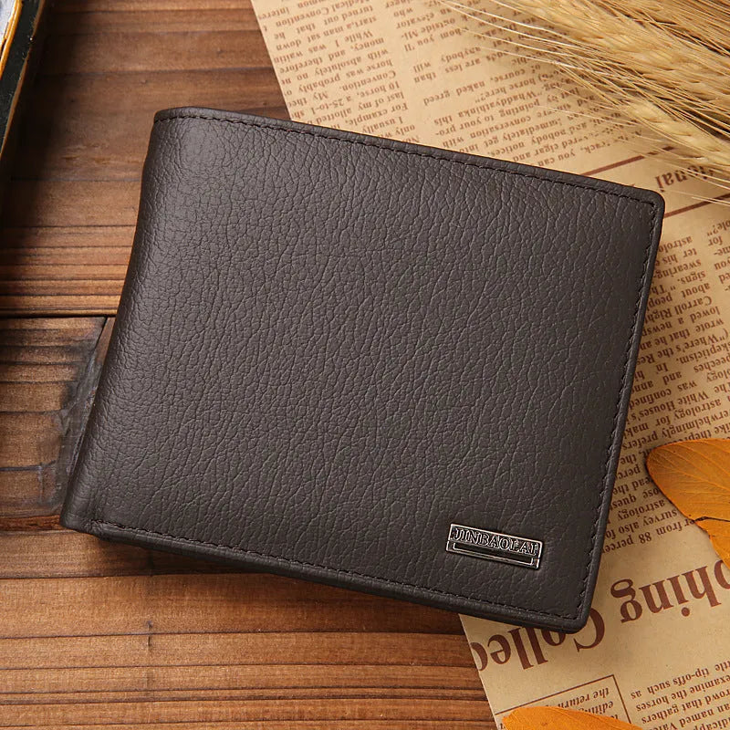 Men's black first-layer cowhide leather bifold wallet with stitching and coin purse measuring 11.5cm by 9.5cm