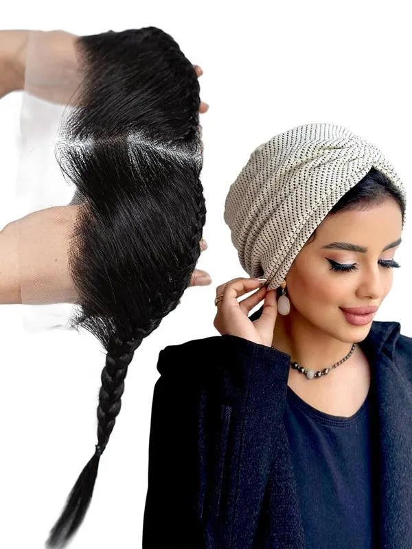 10-inch black lace frontal pre-braided wig with bangs headband style