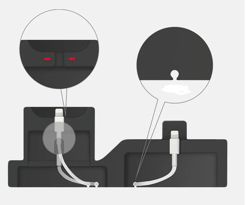 Black silicone 3-in-1 charging base for iPhone, iWatch, and AirPods on a plain surface