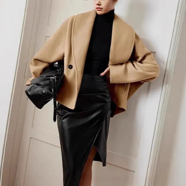 Double-breasted stand collar batwing sleeve polyester coat in solid colour for petite women