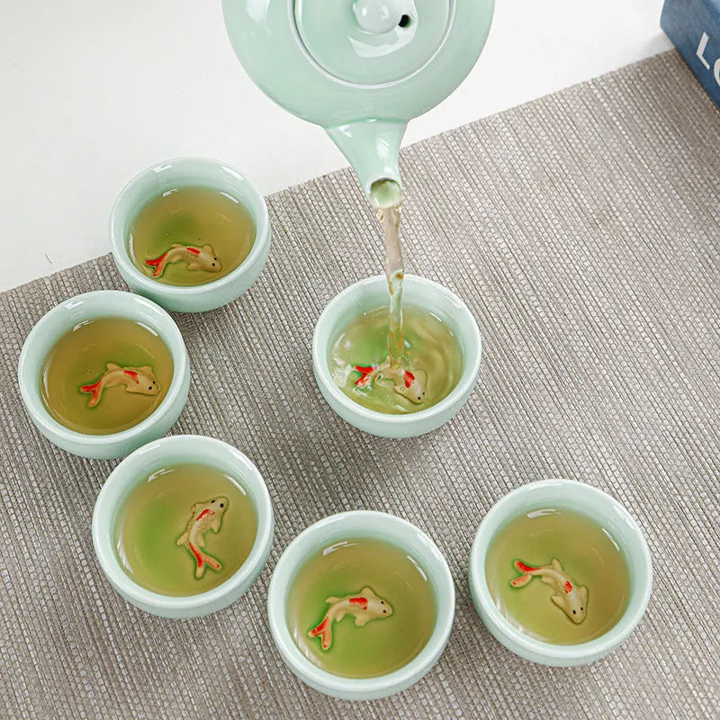 Ceramic celadon portable tea set with teapot and six cups in modern simple style