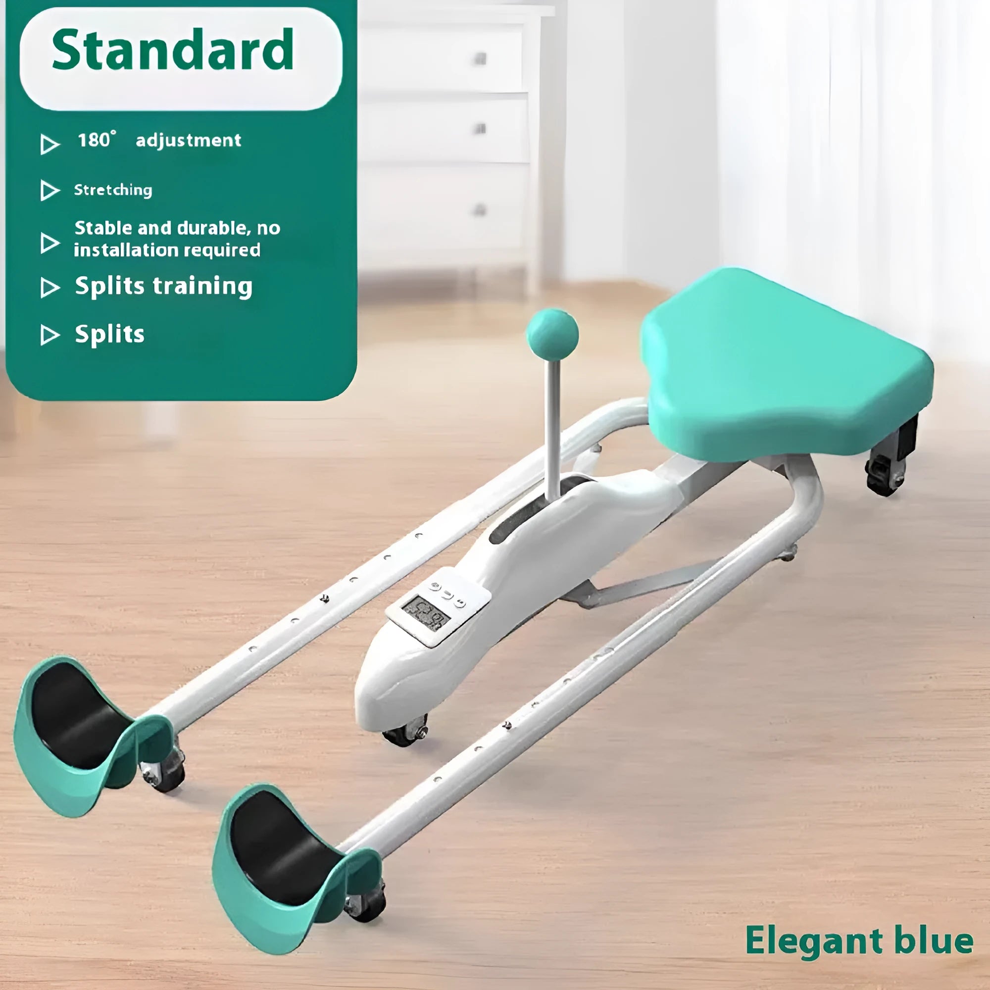 Steel frame leg stretching equipment with foam padding in blue colour with backrest