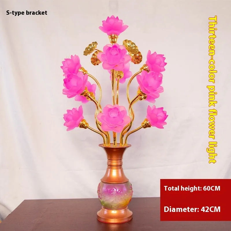 Colored glaze lotus lantern with alloy base, pink floral petals, and LED light for temple worship