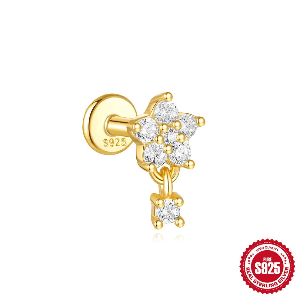 S925 sterling silver geometric star-shaped earrings with an embedded moon diamond, shown in a gold colour finish.