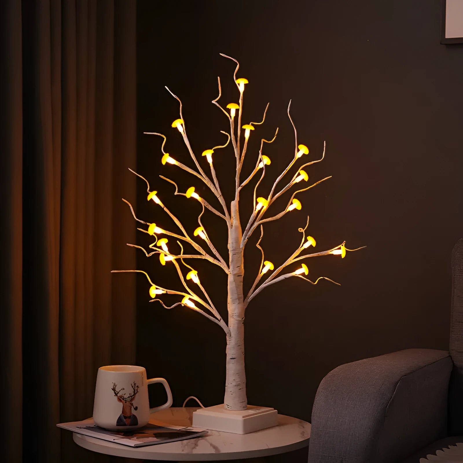 60cm tall white LED mushroom tree lamp with detachable flowers on a wooden surface