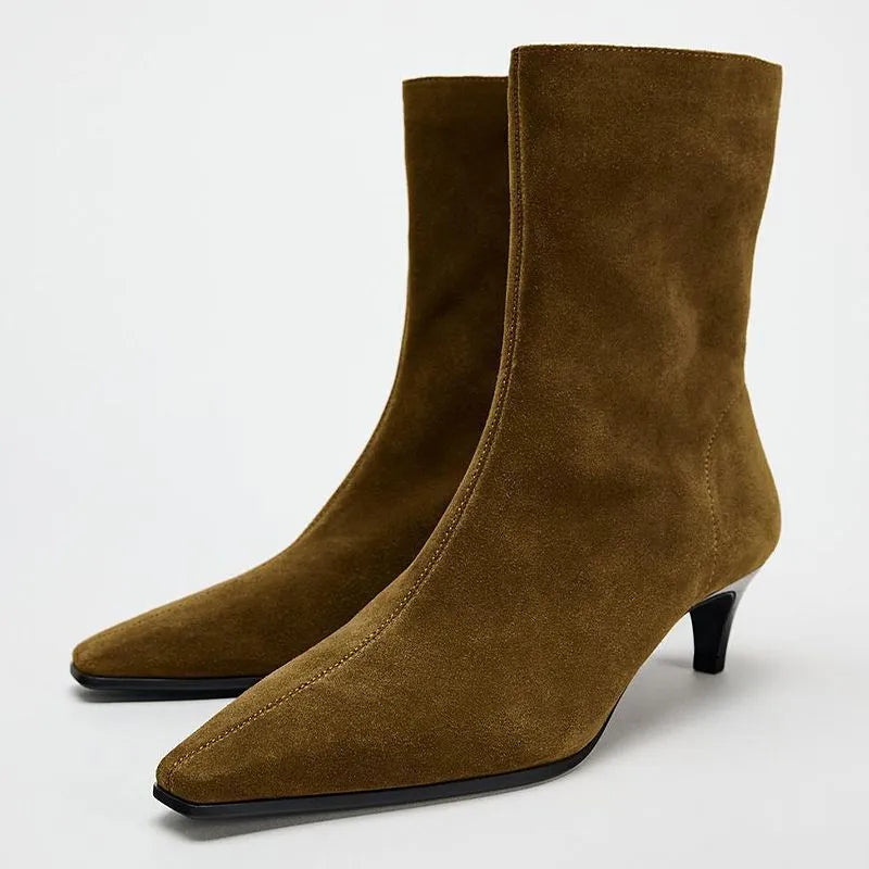 Brown square toe ankle boots with side zipper and kitten heels on waterproof platform sole