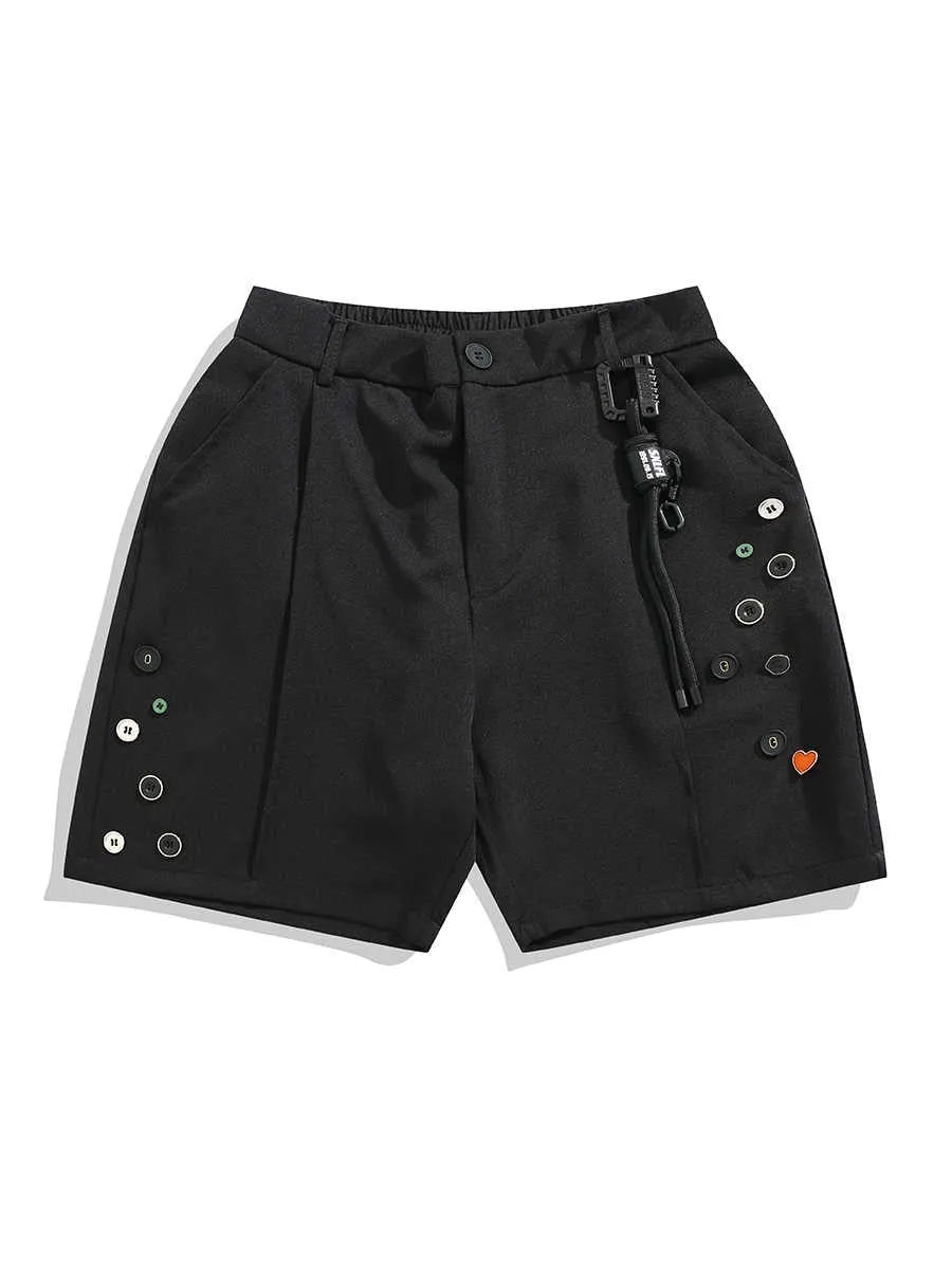 Black semi-elastic casual shorts with button and zip fly, loose straight-leg fit
