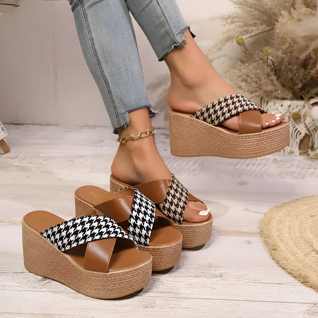 Cross leopard plaid wedge sandals with rubber sticky sole in black and brown plaid patterns