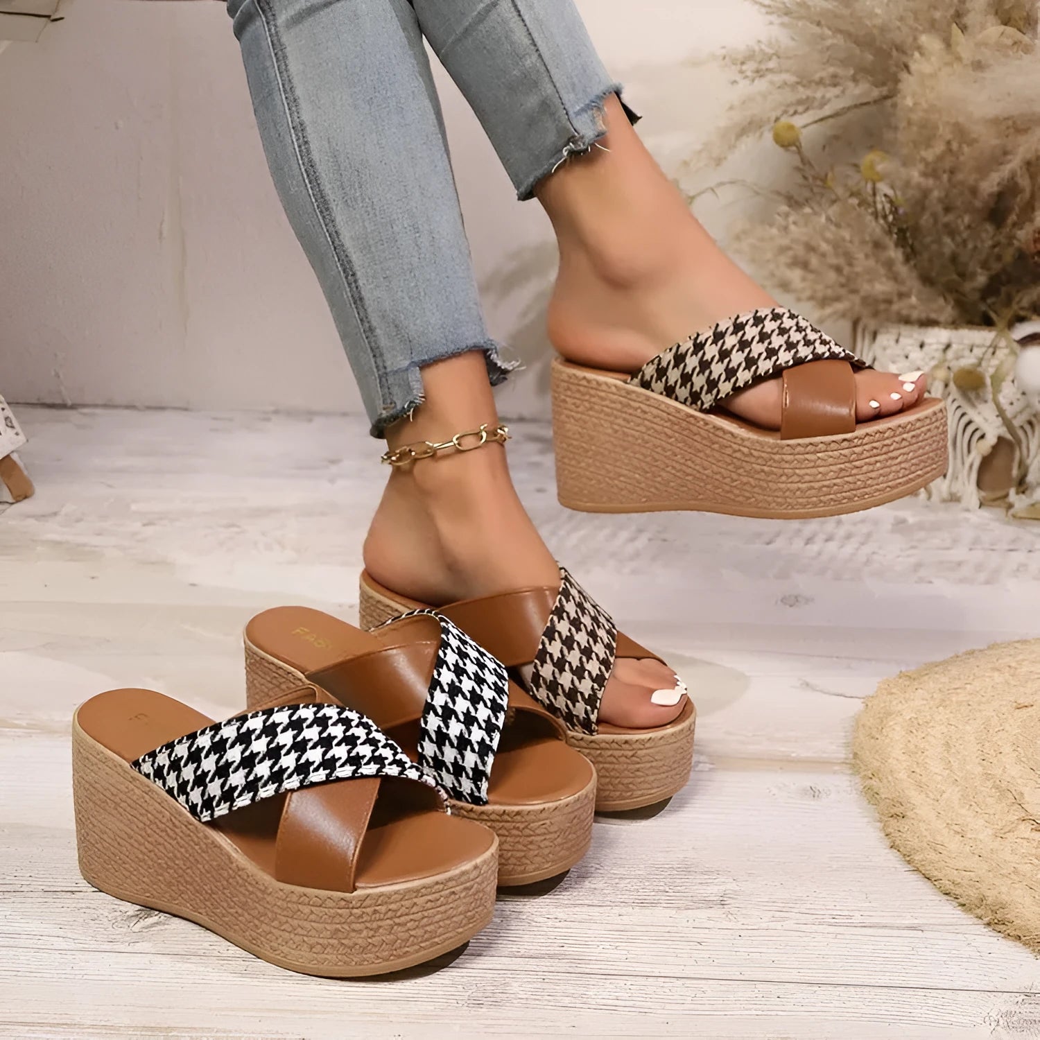 Cross leopard plaid wedge sandals with rubber sticky sole in black and brown plaid patterns