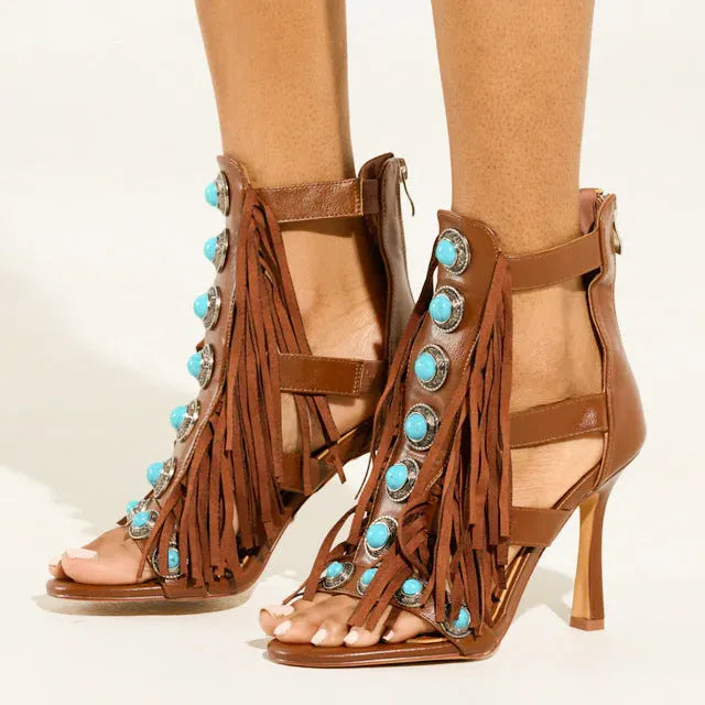 Women's round toe hollow tassel sandals with back zipper and super high heel in black and brown leather-look upper