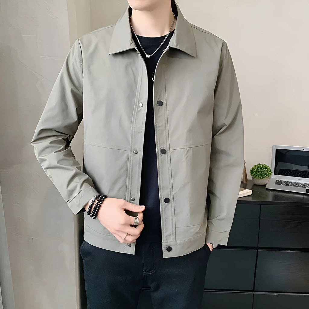 Men's lightweight single-layer jacket in Korean style, shown in a neutral colour with long sleeves.