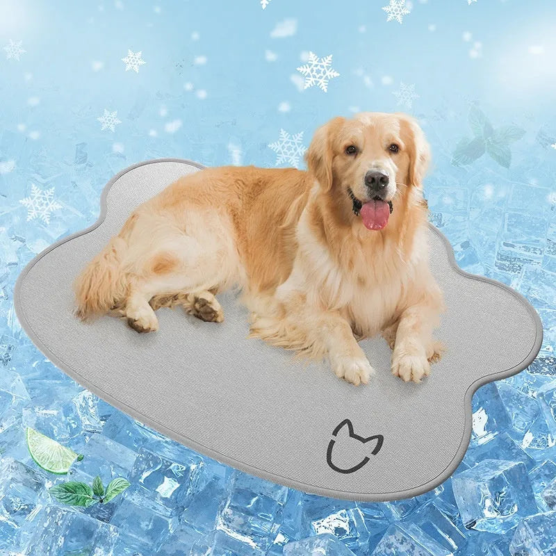 Dog cooling ice mat with simple dog head pattern in light grey colour showing non-slip underside