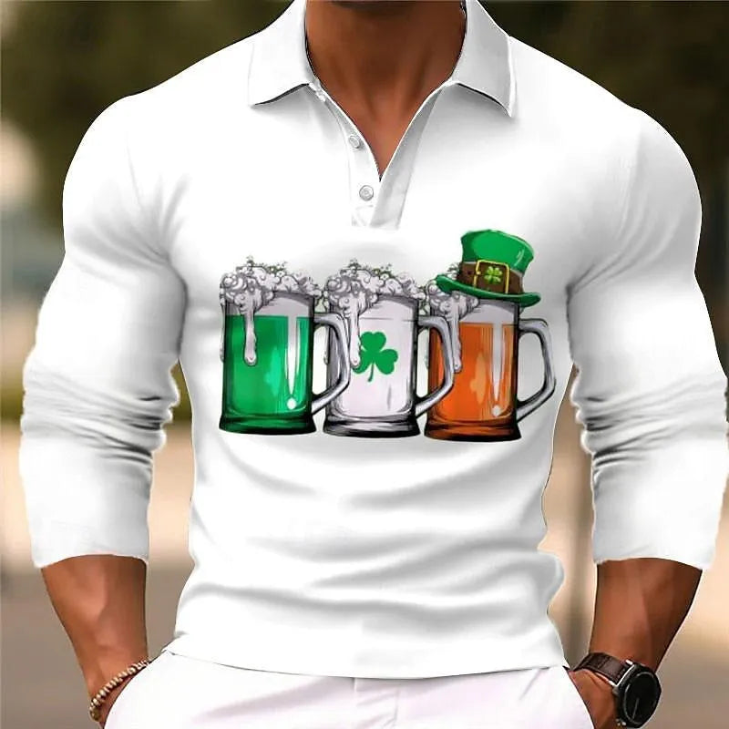 Long sleeve button-down polo shirt in loose fit with cartoon pattern and asymmetrical design