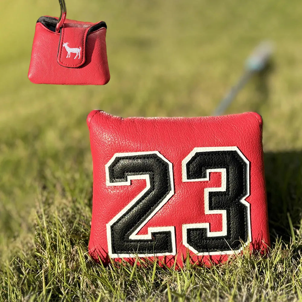 Ram No 1 golf club headcover set showing red, black, white, and yellow PU iron covers and a square putter sleeve.