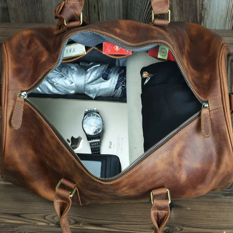 Men's crazy horse leather travel bag brown coffee 50cm length 25cm height