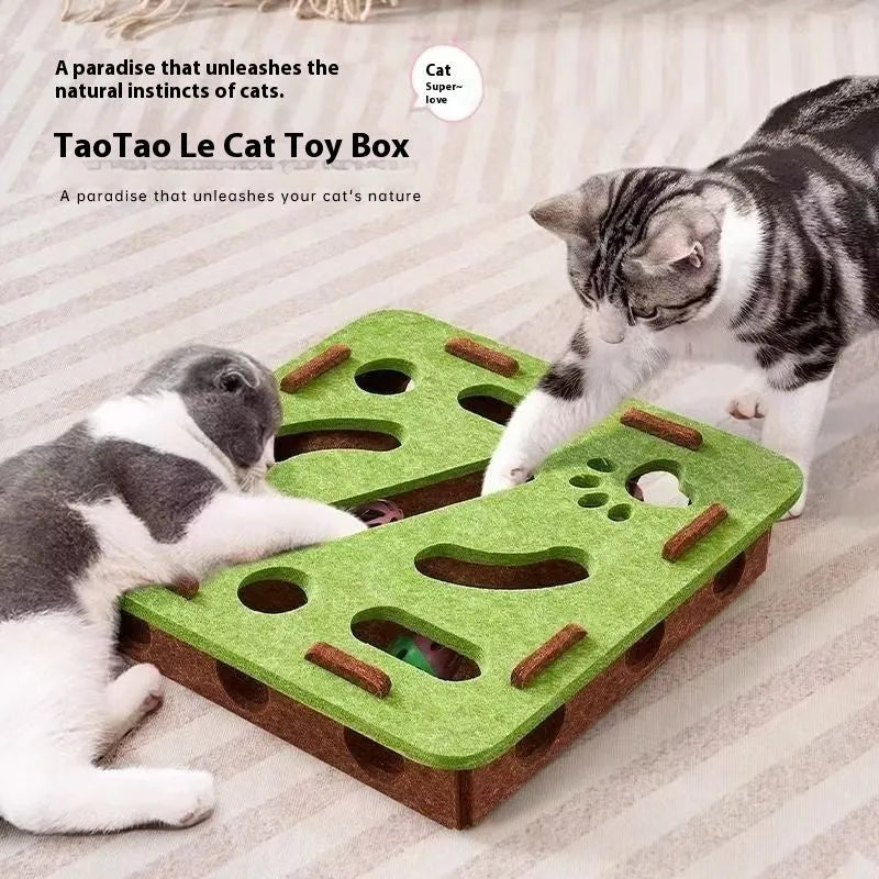 Green brown felt cat toy box with a central hole for catnip.