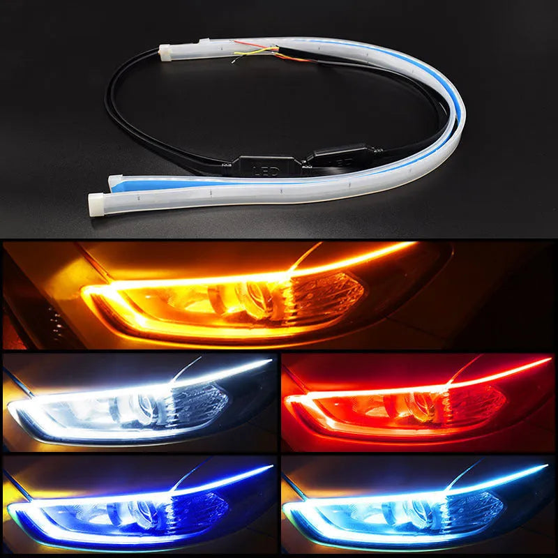 Car LED daytime running light strip in silicone waterproof casing with flowing turn signal effect