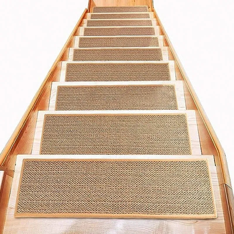 Japanese-style solid-colour linen-look stair mat with rubber backing lying flat on a wooden step.