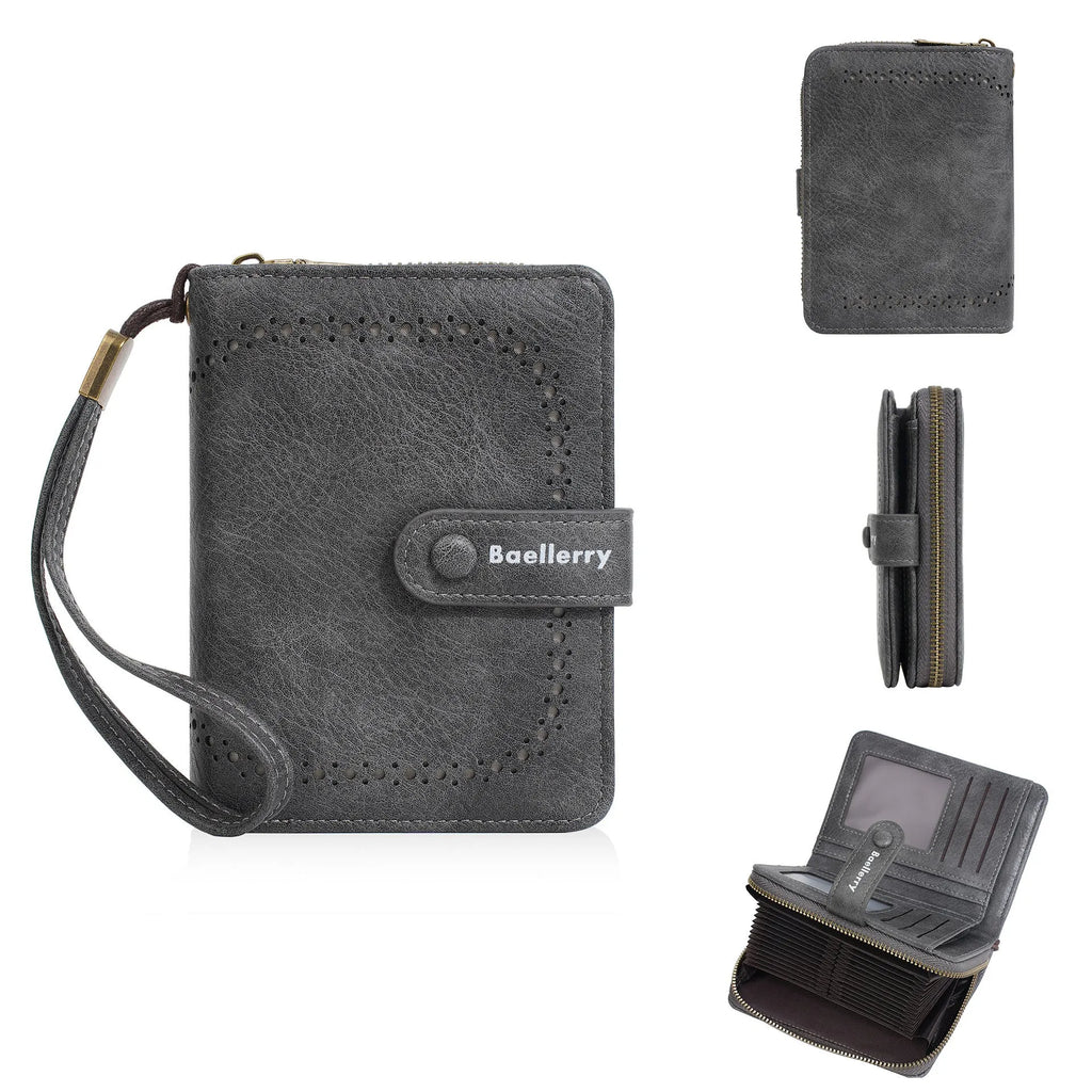 Women's black PU leather zipper coin purse with integrated card slots open.