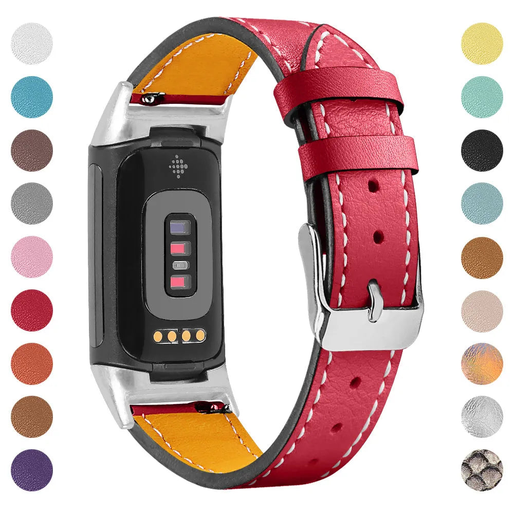 Genuine cowhide leather replacement watch strap for Fitbit Charge 5 and Charge 6 smartwatches.