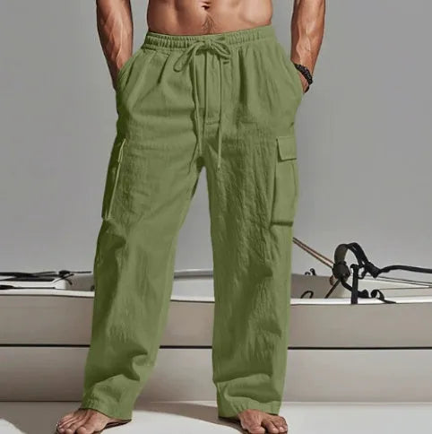 Men's cotton wide-leg casual trousers in light army green colour with mid-waist design