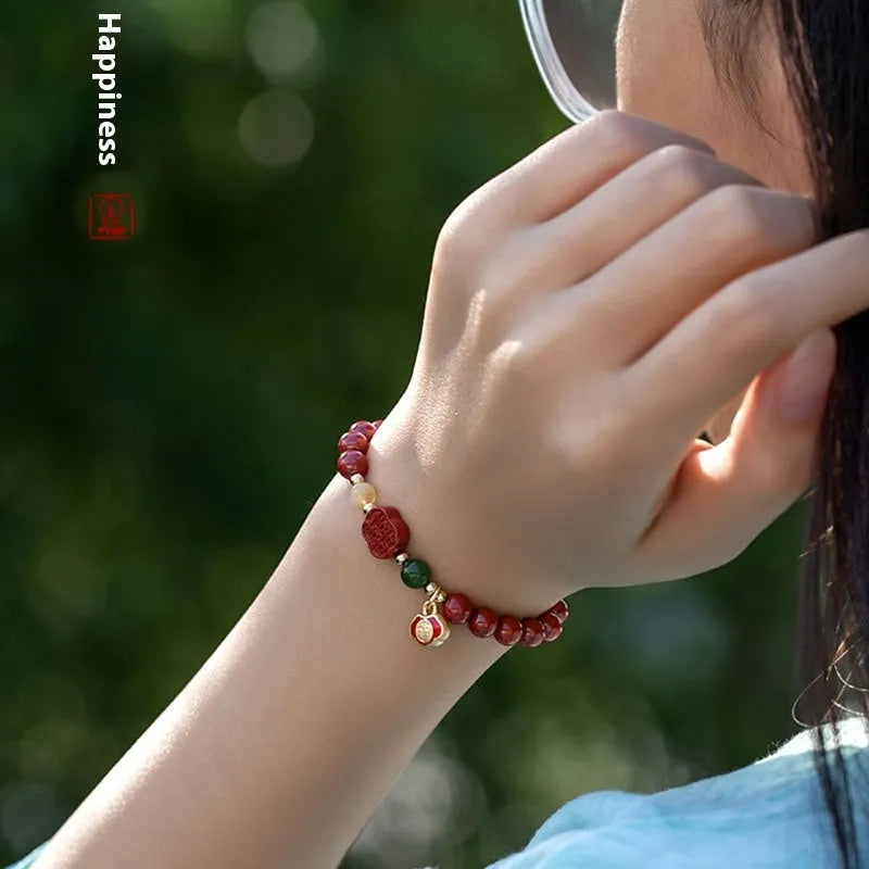 Emperor Sandstone cinnabar bracelet with fu character bead in new Chinese style