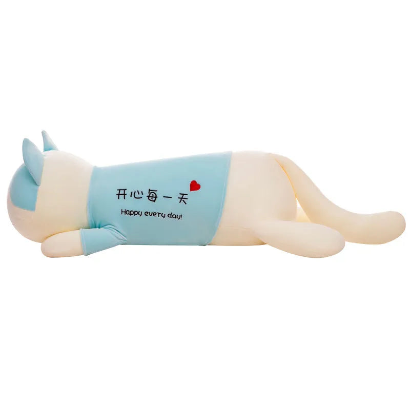 Cute cat plush toy sofa cushion in soft velvet fabric, available in blue and pink, 110cm length