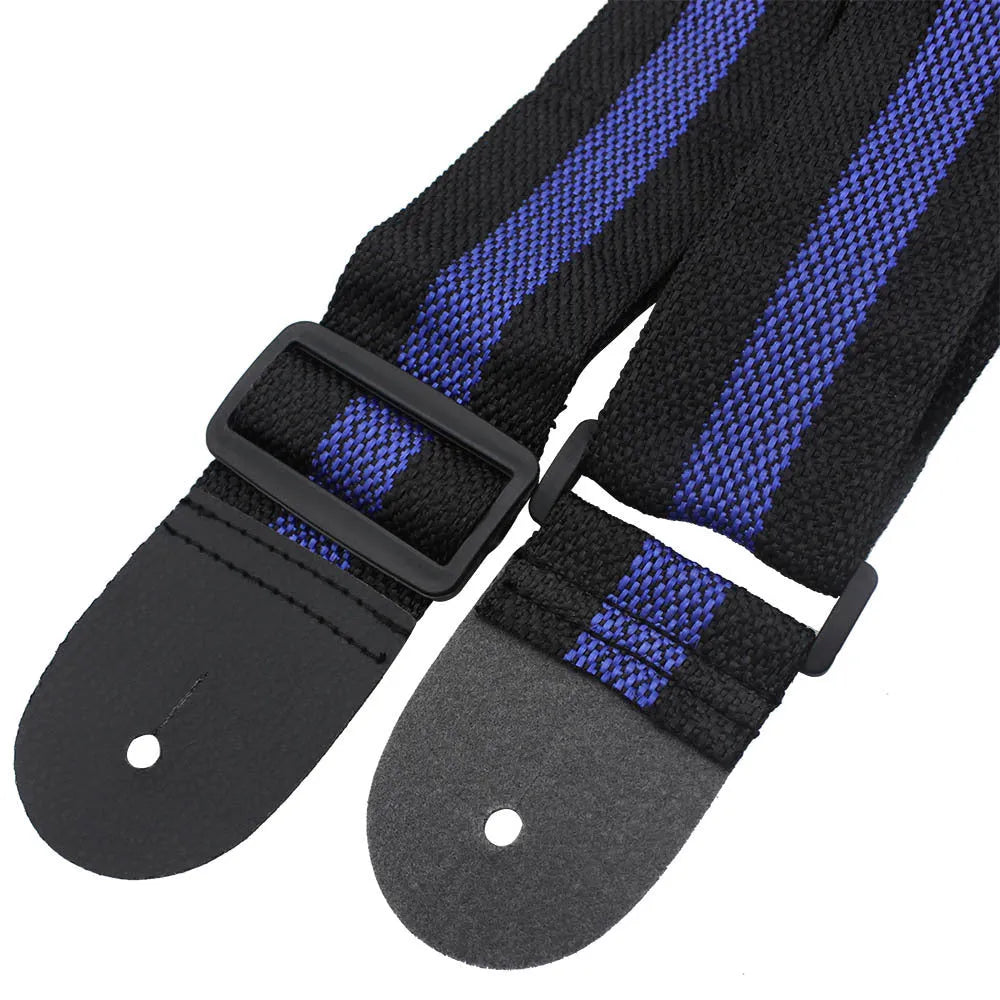 Folk stripe patterned woven instrument strap for electric guitar, bass, or ukulele.