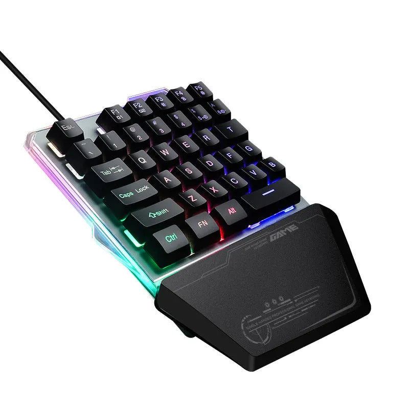 Black robotic one-handed mechanical keyboard with RGB backlit keys on a G40 flow colour plate.