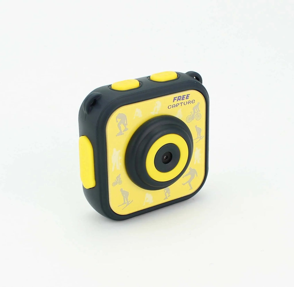 Yellow children's waterproof sports action camera with a 1.77-inch screen.