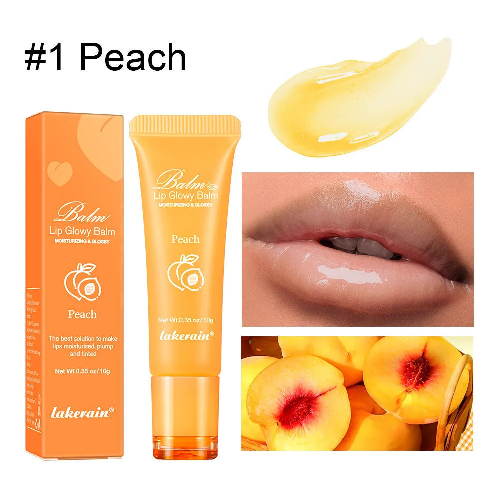 Women's flavoured lip gloss stick in berry, grape, grapefruit, and yellow peach shades.