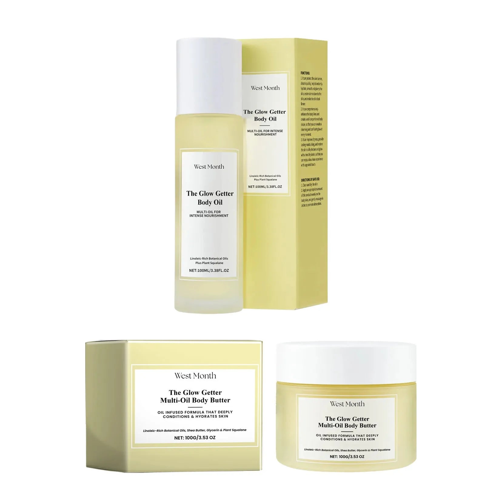 Nourishing and Firming Body Care Kit showing skincare oil bottle and moisturising cream jar.